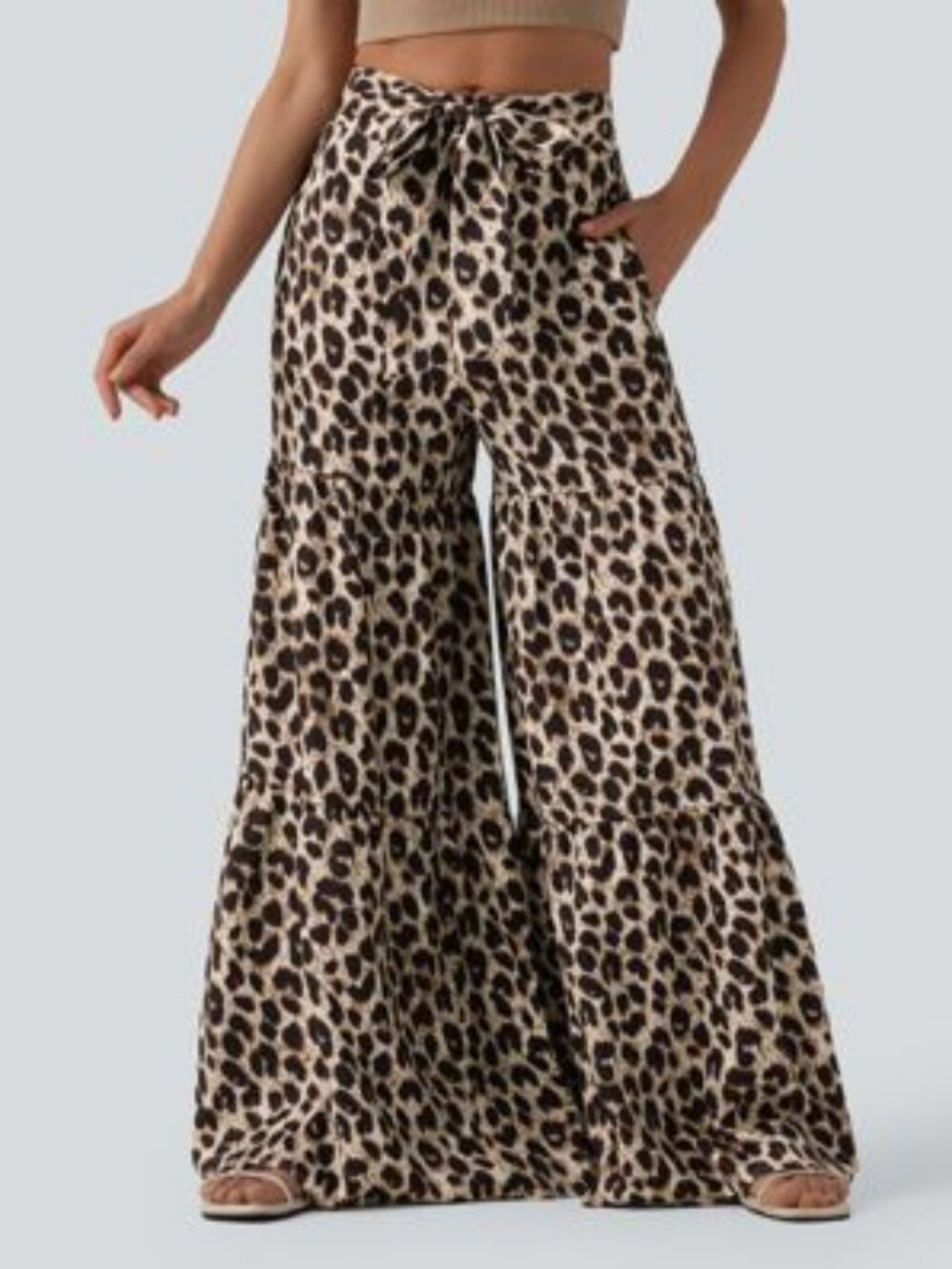 Halara Mid Rise Tie Front Baggy Leopard Print Casual Pants with Pockets Size L